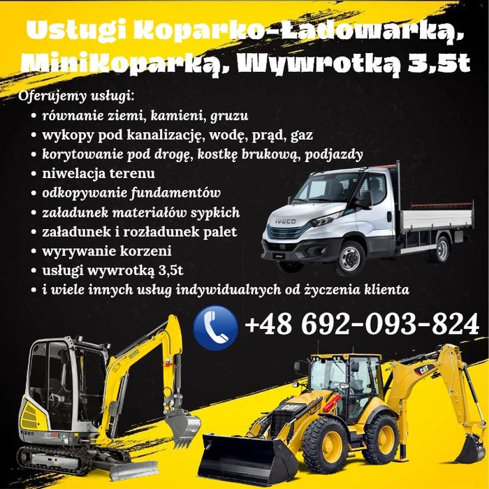 Usługi MiniKoparką 2t, Koparko-Ładowarką, Wywrotką 3,5t