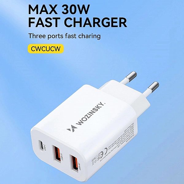 Ładowarka sieciowa Wozinsky CWCUCW 30W USB-C / 2 x USB-A - biała