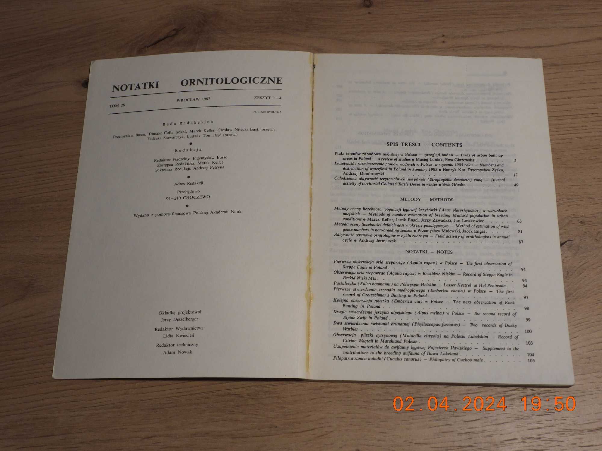 Notatki Ornitologiczne -Tom 28,  zeszyt 1-4 , 1987