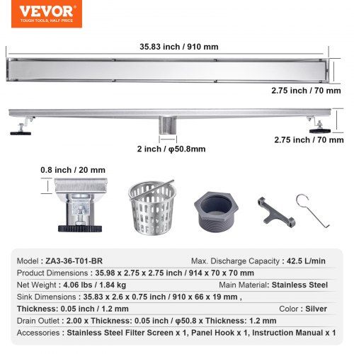 609 x 70 x 70mm Ralo de chuveiro linear offset com inserção de ladril