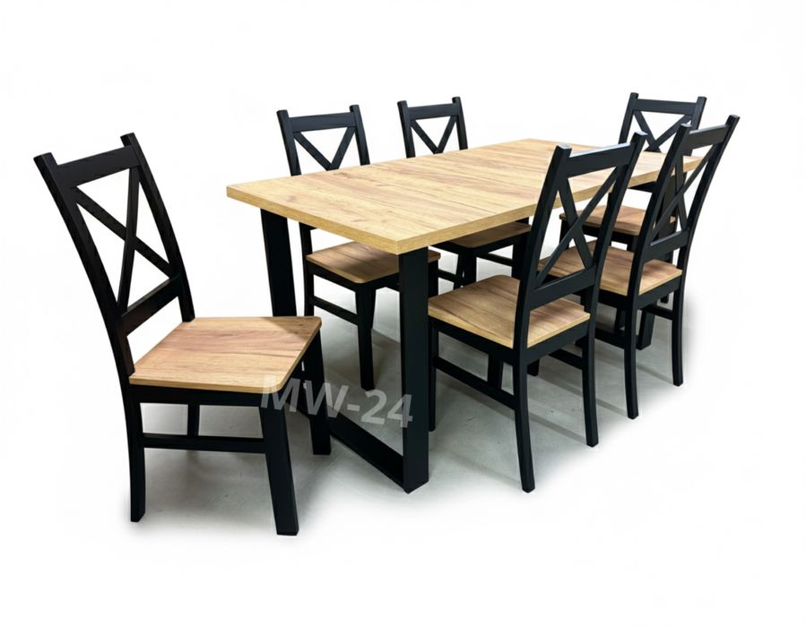 Stół Loft Rozkładany + 6 Krzeseł Kraft Złoty + Czarny! SZYBKA DOSTAWA!