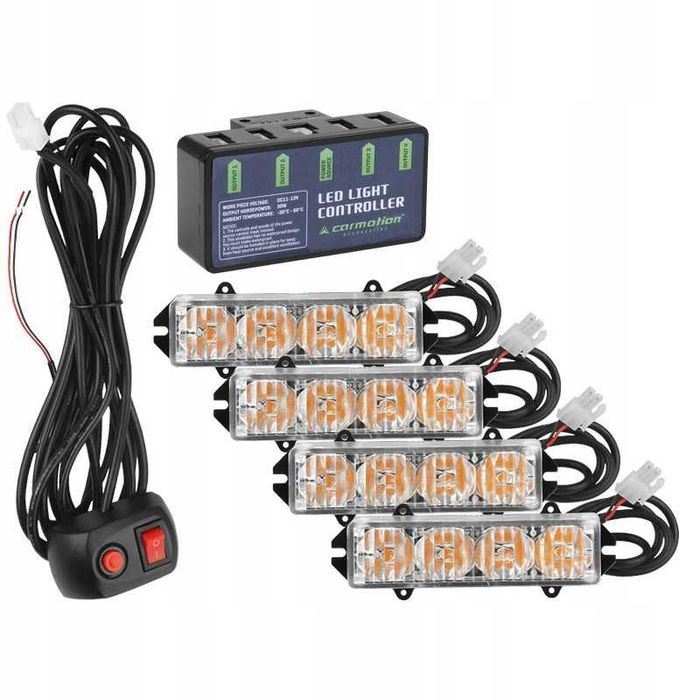 Zestaw 4 stroboskopowych lamp LED światło ostrzegawcze 12–24V + pilot