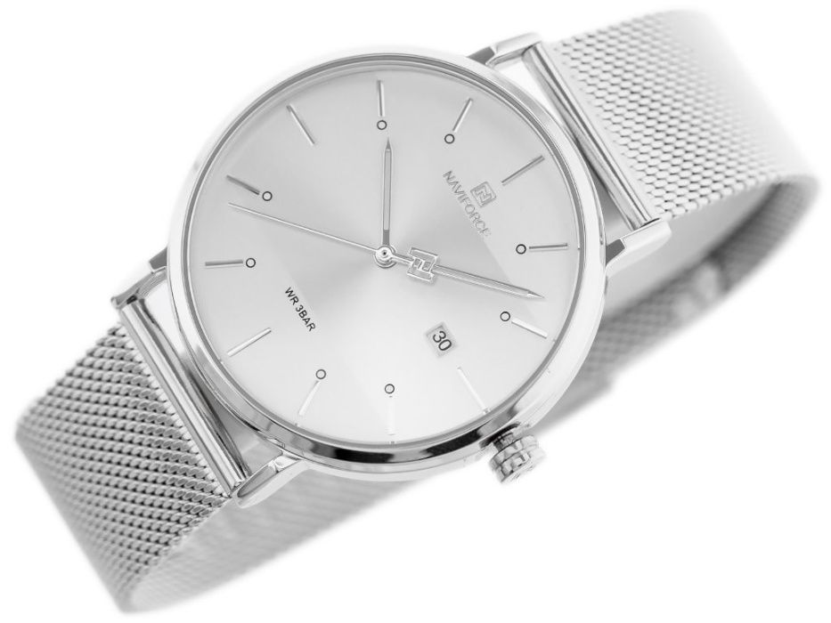 Elegancki Srebrny Zegarek Naviforce Męski Damski Bransoleta Pudełko
