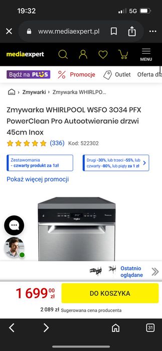 Zmywarka Wolnostojąca WHIRLPOOL WSFO3O34PFX 6 Zmysł Clean Pro