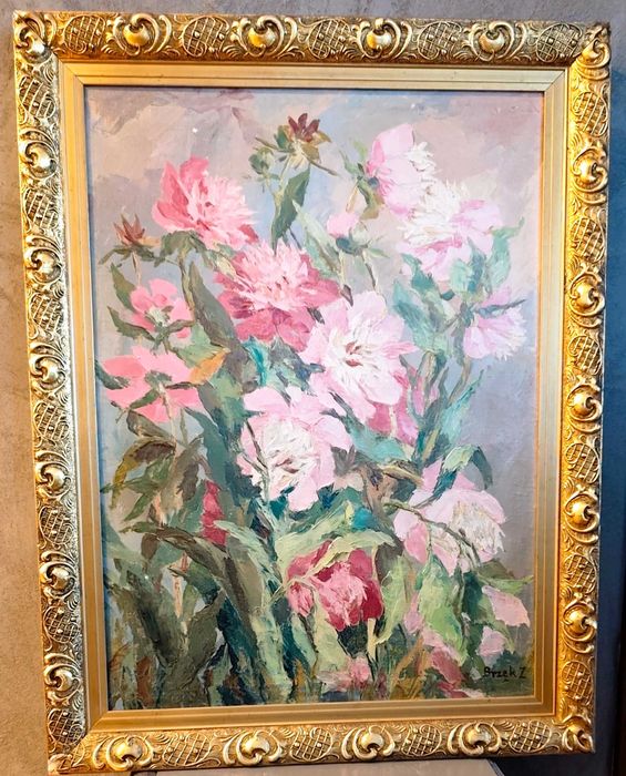 Obrazy olejne 3 szt. ze zbiorów Zofii Brzękowej. Kwiaty. Złote ramy.