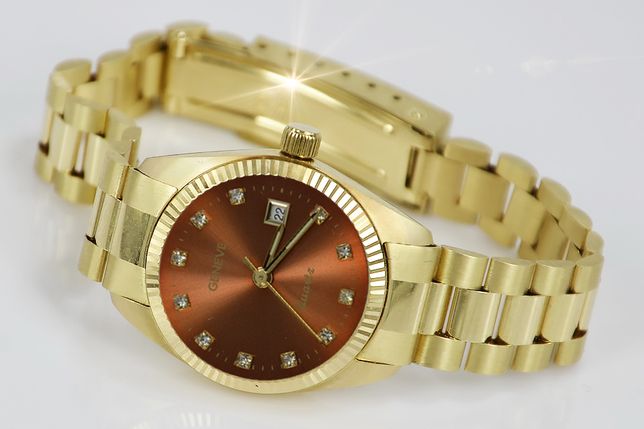 Złoty zegarek damski Rolex style 14k włoski Geneve lw021y W