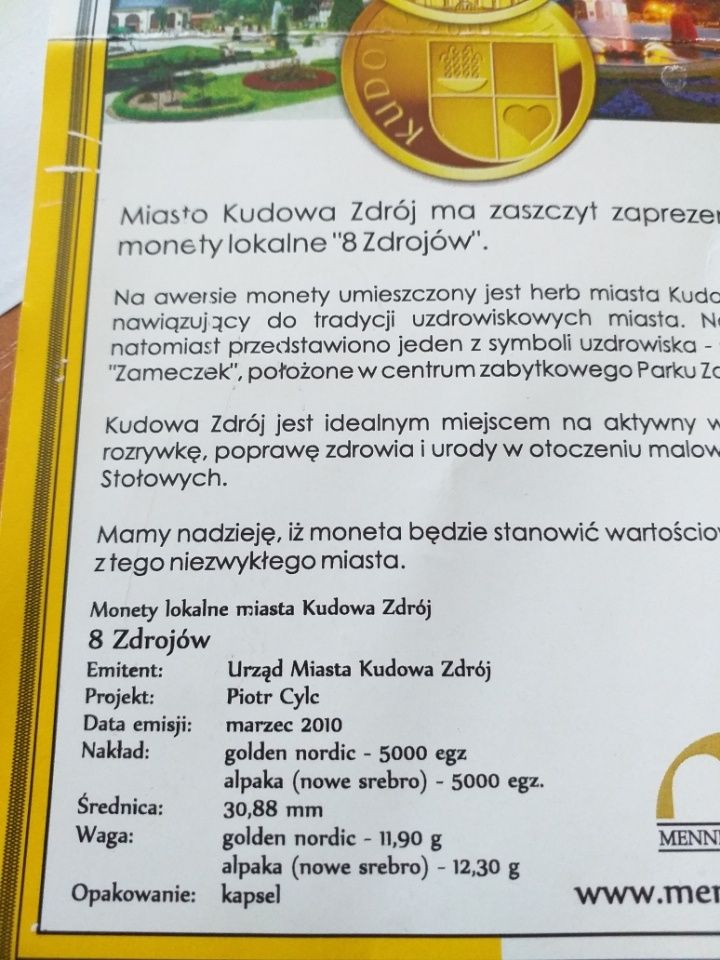 Monety lokalne 8 Zdrojów z Kudowy-Zdrój