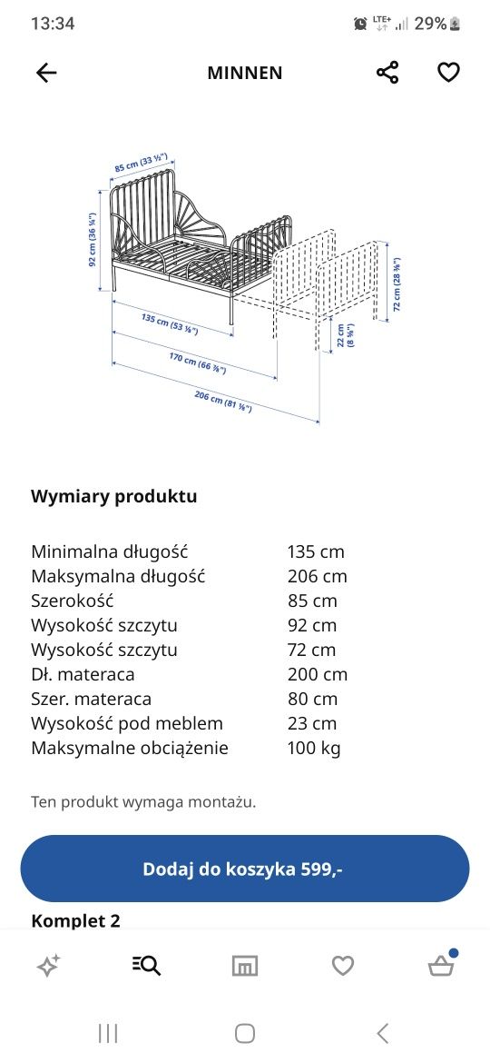 Ikea MINNEN +materac