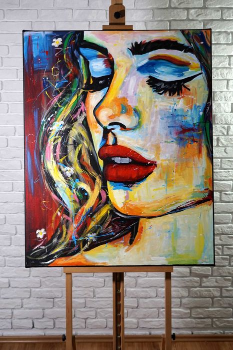 Obraz olejny duży oryginalny ręcznie malowany kolorowy piękna kobieta