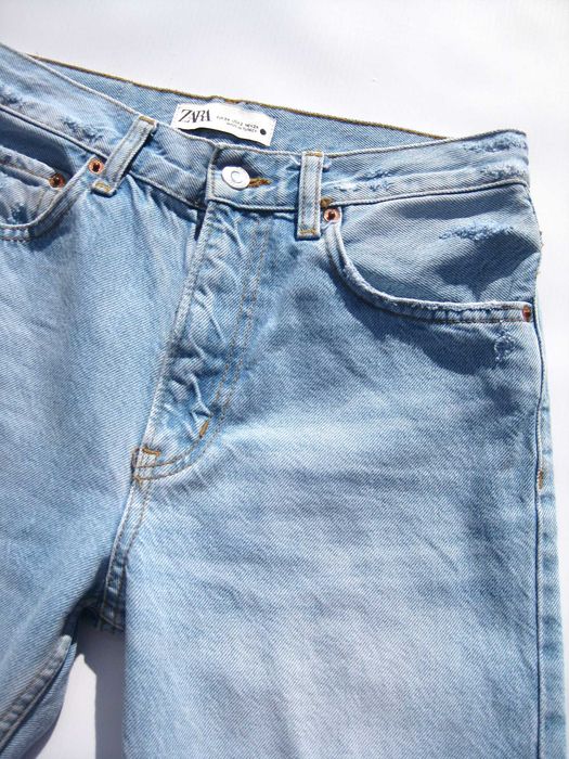 Голубые рваные джинсы прямого кроя средняя посадка ZARA XS