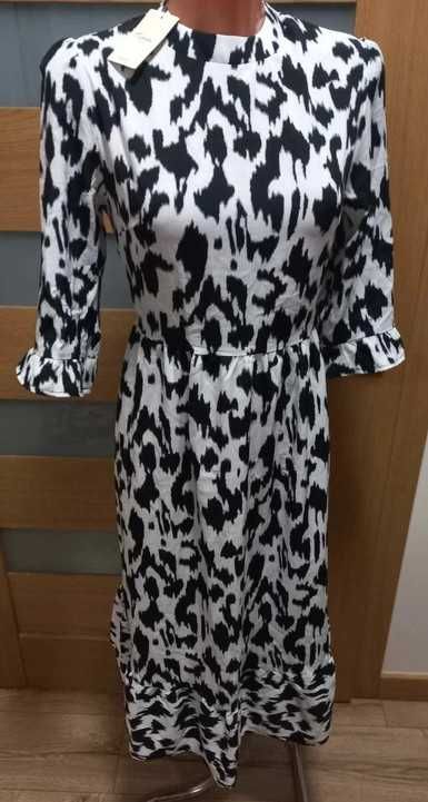 Sukienka midi biało-czarna,w cętki, elegancka M/38