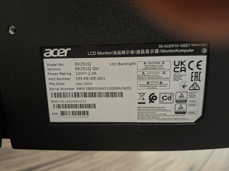 Monitor ACER EK251QG 24.5" 1920x1080px IPS 120Hz 1ms [VRB]