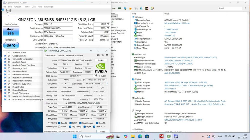 Asus ROG Zephyrus GA502DU /Ryzen 7 3750H/16 GB ram/512 SSD /GTX 1660Ti