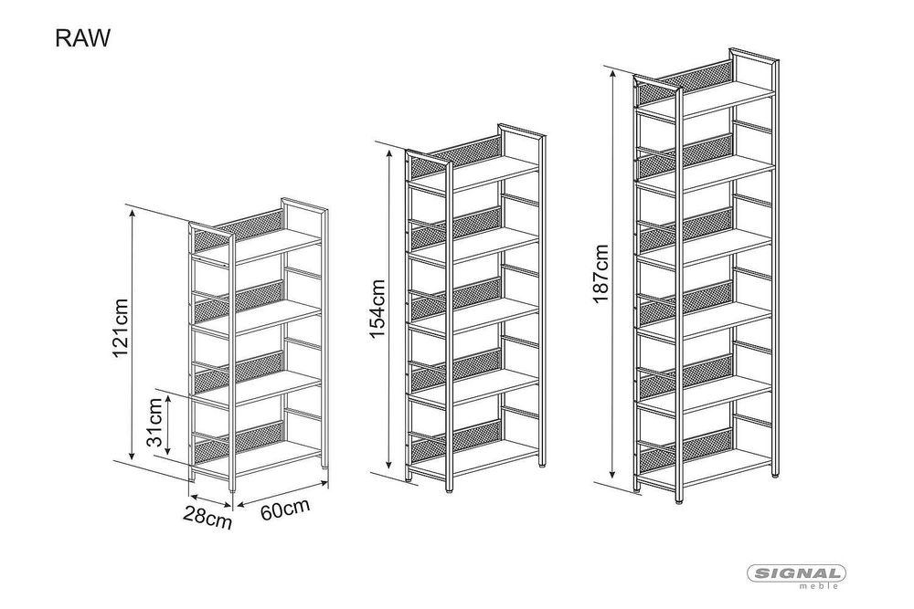 Regał styl loft RAW R4, R5, R6 kolor dąb czarny metalowy stelaż