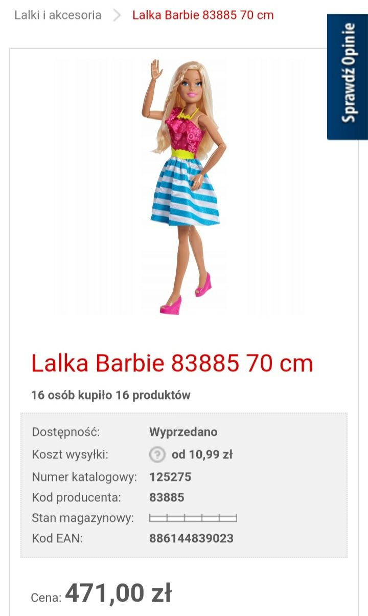 Lalka Barbie 70 cm ( 83885 unikat)