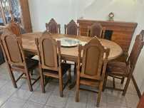 Mesa sala madeira maciça + 8 cadeiras de madeira e couro