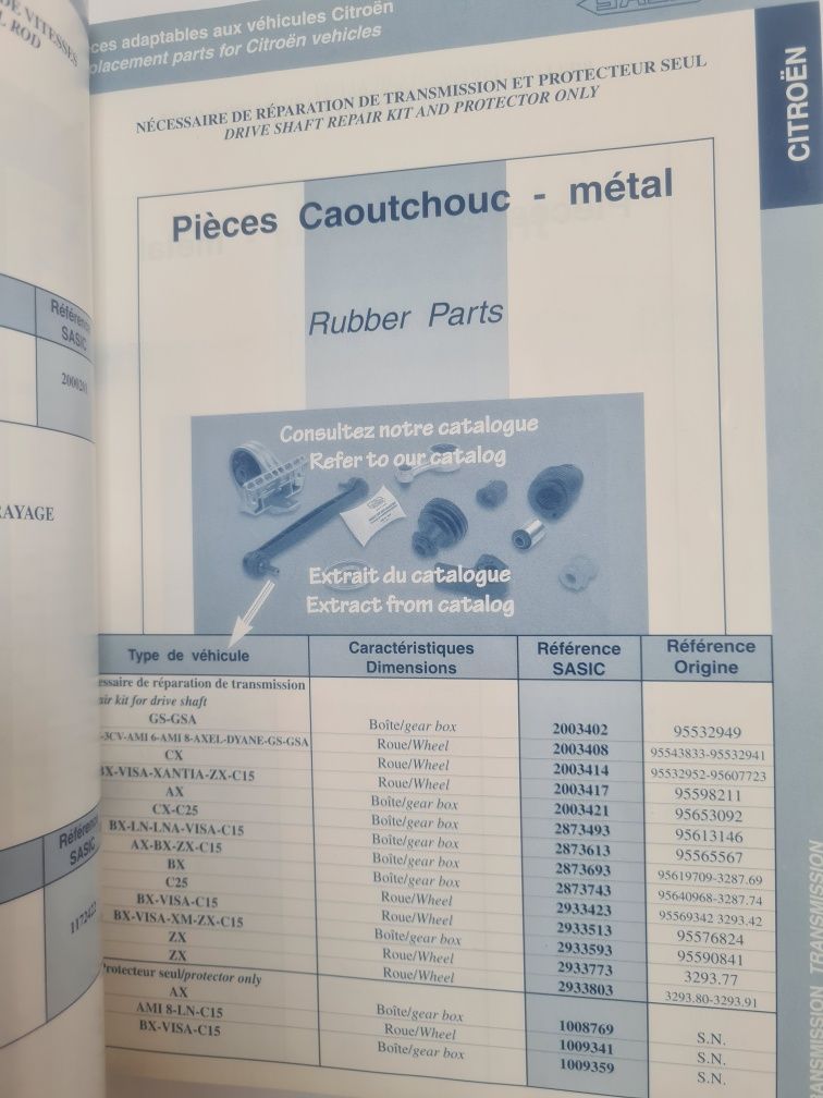 Sasic - Stary katalog części w języku francuskim. Książka