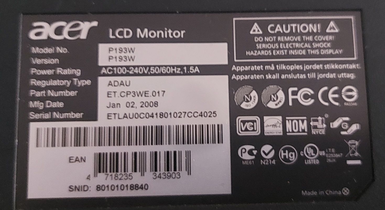 Monitor P193W  - Acer