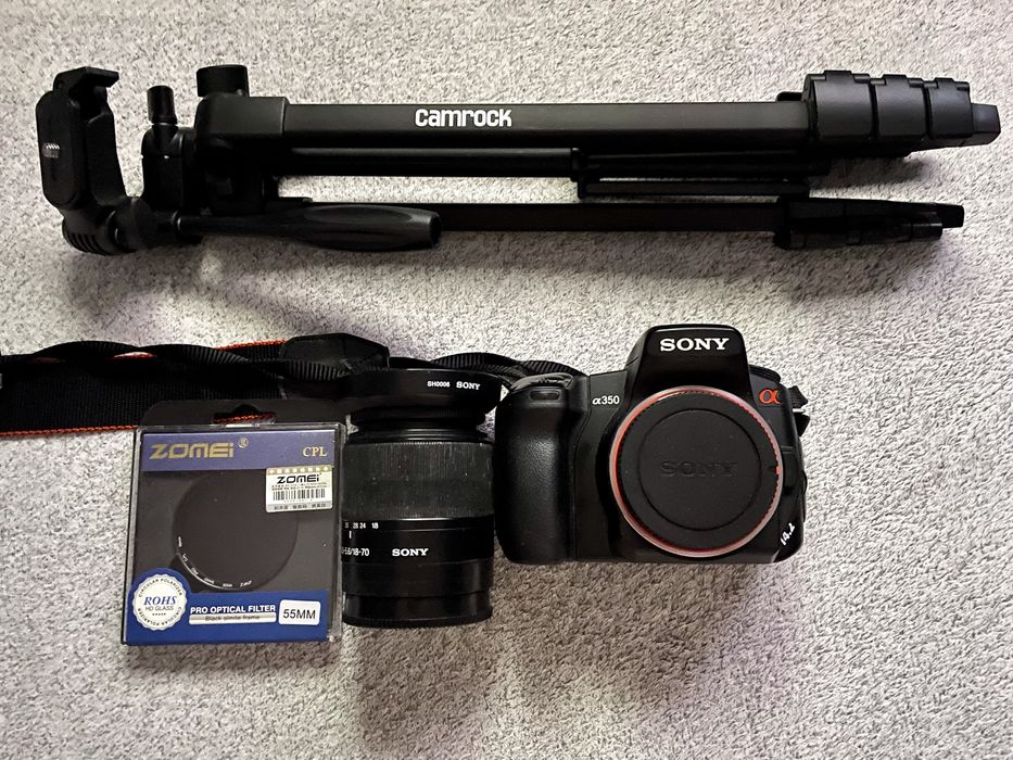 Aparat Sony a350 obiektyw 3.5-5.6/18-70 z statywem i akcesoriami