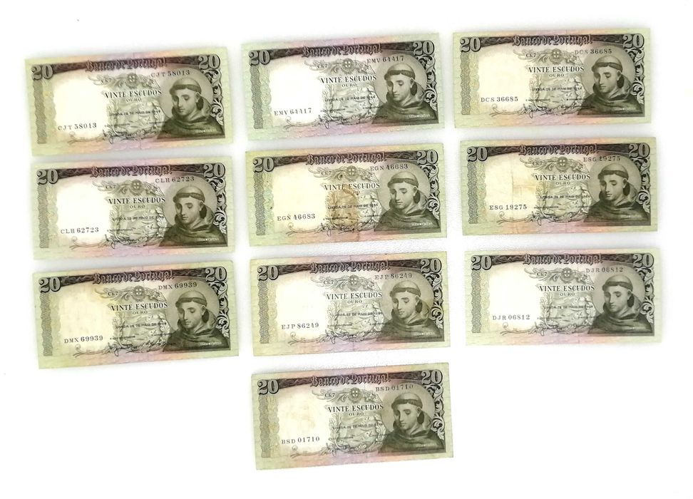 10 Notas de 20 escudos, 20$, 1964, o conjunto