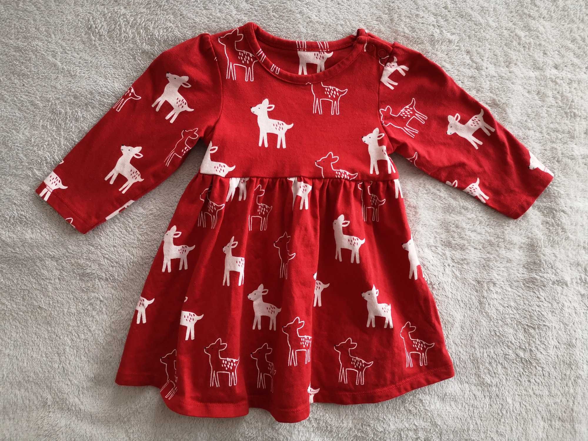 Czerwona sukienka w sarny sarenki Bambi zwierzęta M&S 68 - 74 jak nowa