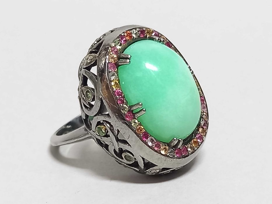 Biżuteria dawna, pierścionek, awenturyn, szafiry, diamenty, srebro 925