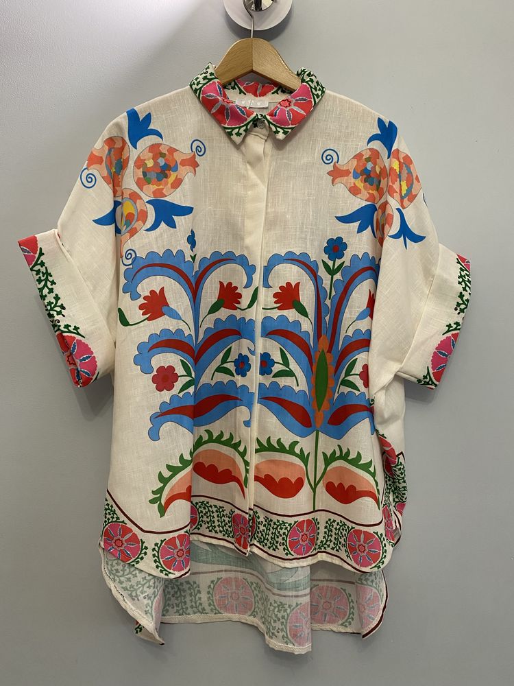 Lniana koszula folk boho kolorowa wzory oversize wiosna lato szeroka