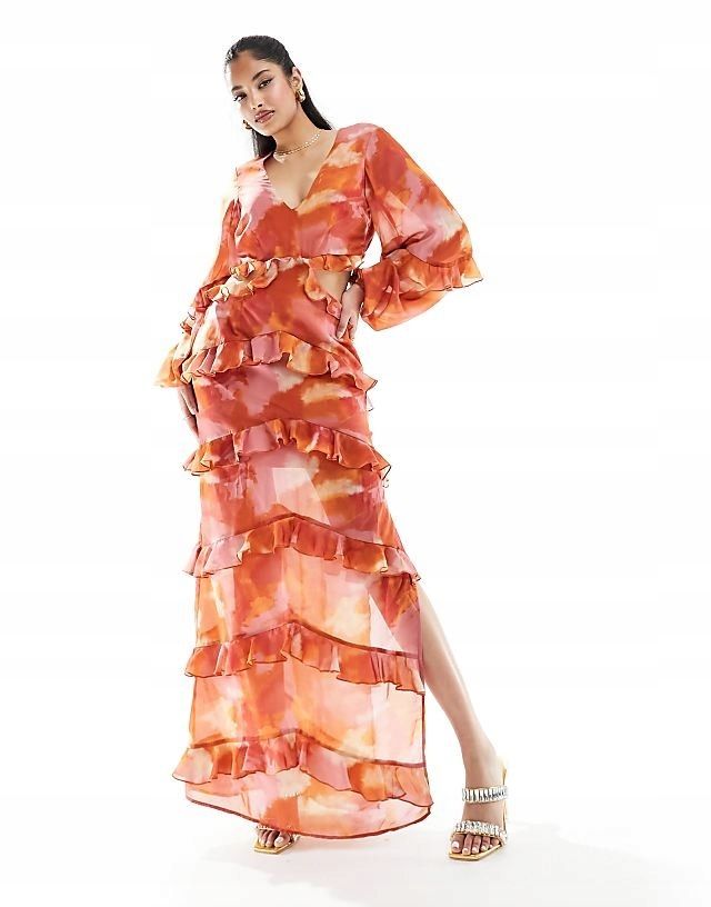 Pretty Lavish 38 M Sukienka Z Falbankami Maxi Abstract H15138