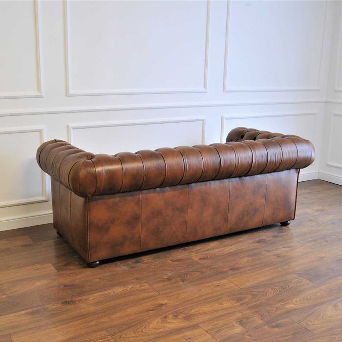 Sofa pikowana chesterfield skórzana z funkcją spania 3 os. skóra