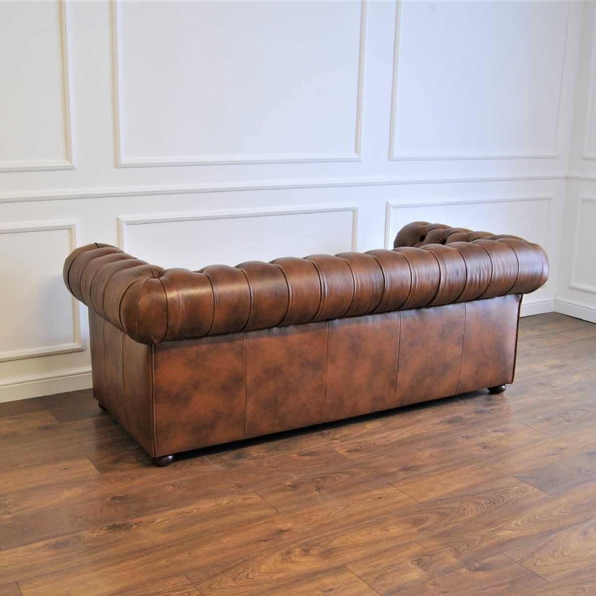 Sofa pikowana chesterfield skórzana z funkcją spania 3 os. skóra