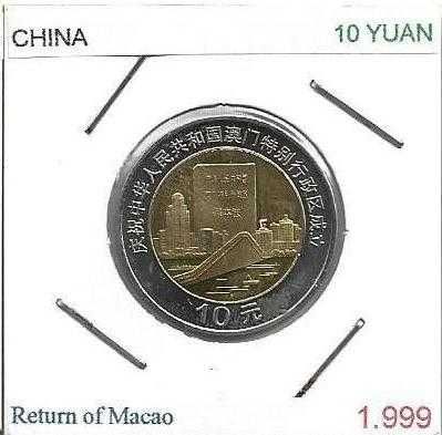 China - -- 10 Yuan - 1999 - -- Ponte, ... - Retorno de Macau - - Moeda