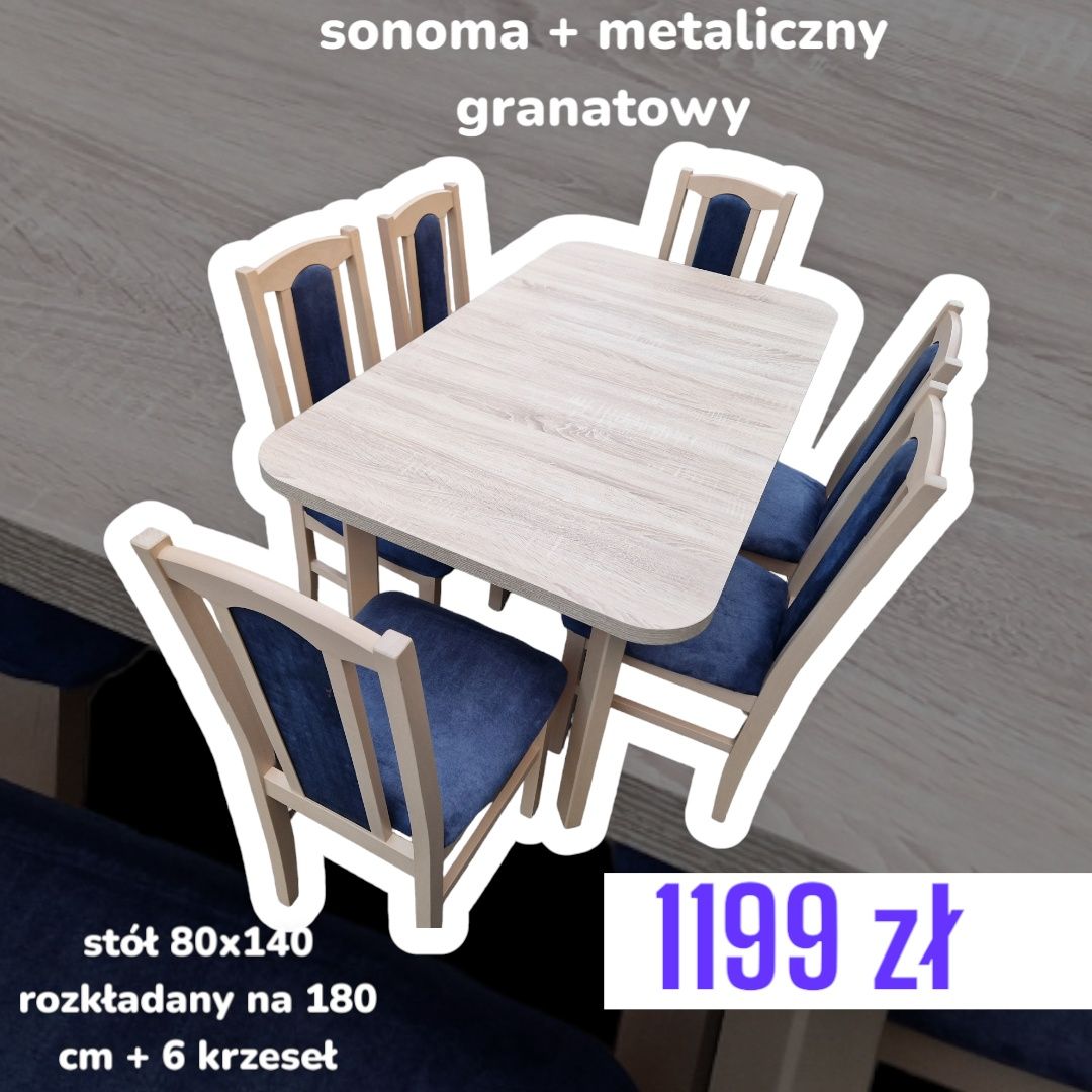 Nowe: Stół 80x140/180 + 6 krzeseł, sonoma + metaliczny granat ,TRANSPL