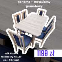 Nowe: Stół 80x140/180 + 6 krzeseł, sonoma + metaliczny granat ,TRANSPL