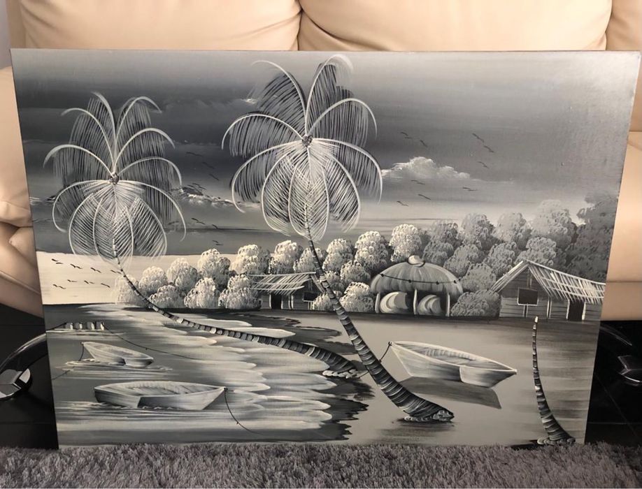 Quadro com pintura de praia e palmeiras