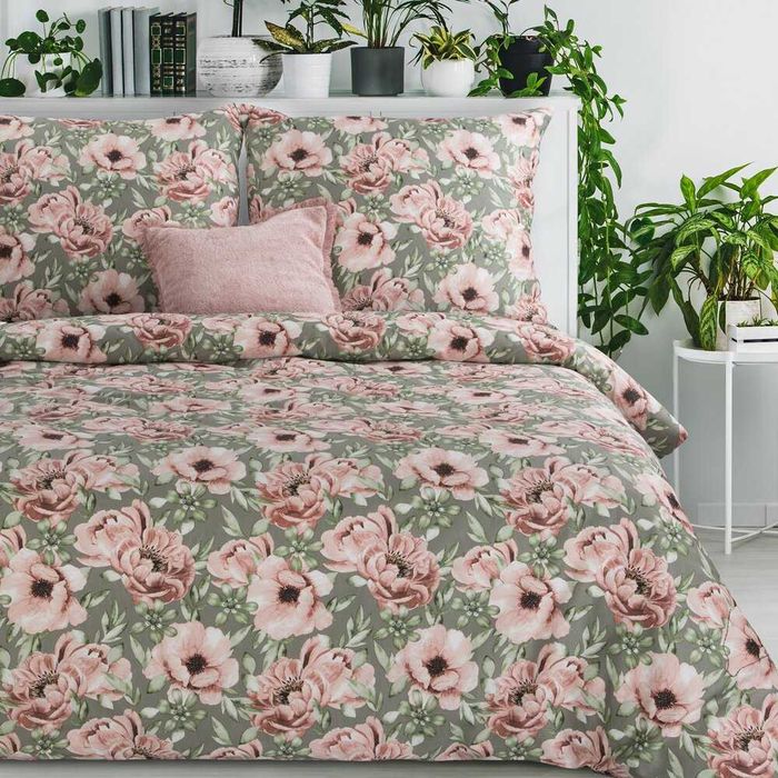Pościel komplet pościeli 160x200cm bawełna stalowy różowy kwiaty