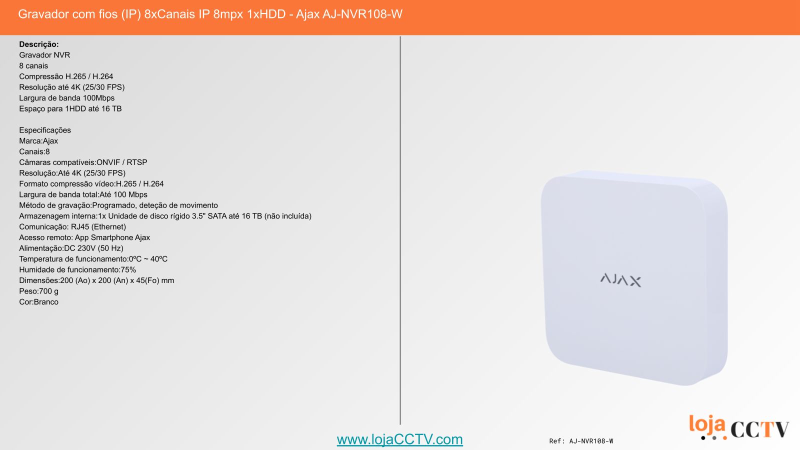 Videovigilância com fios (IP) e Switch PoE 8 Câmaras Dome 2 mpx, Ajax