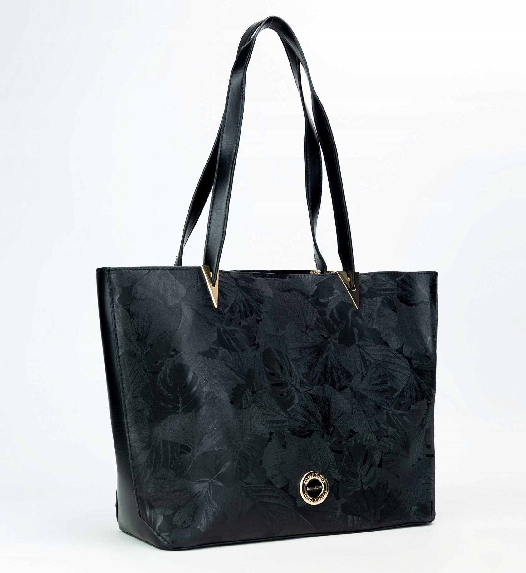 monnari duża torba damska 2w1 shopper+listonoszka zestaw czarna skóra
