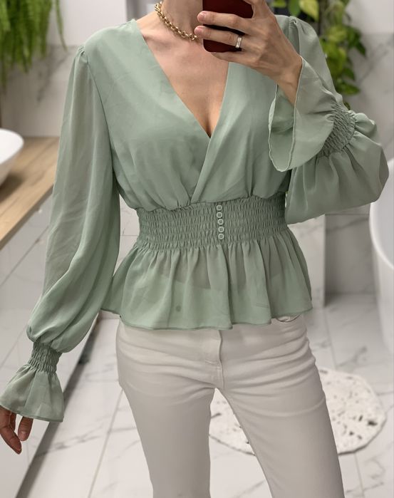 Bluzka mietowa z szyfonu bufiaste rekawy boho romantyczna na lato 40