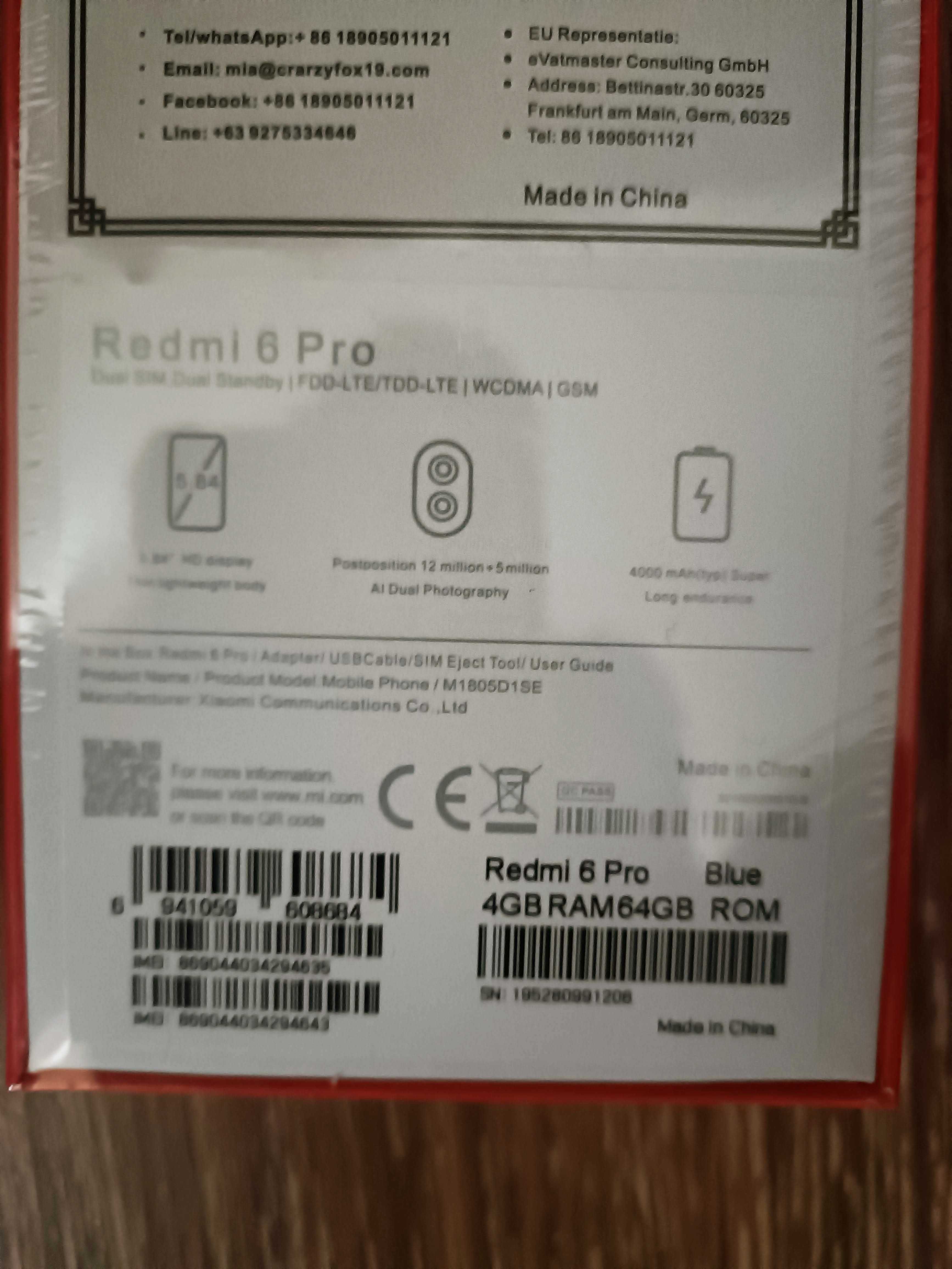 5,84"Full-HD IPS, Xiaomi Redmi 6 Pro 4/64GB /Синій/Snapdragon
