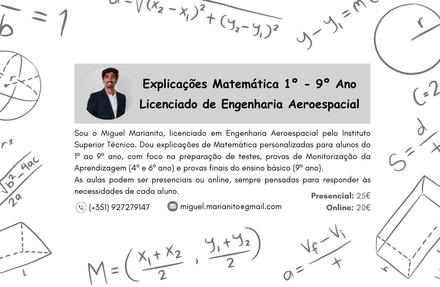 Explicações Matemática 1º-9º Ano | Licenciado Engenharia Aeroespacial