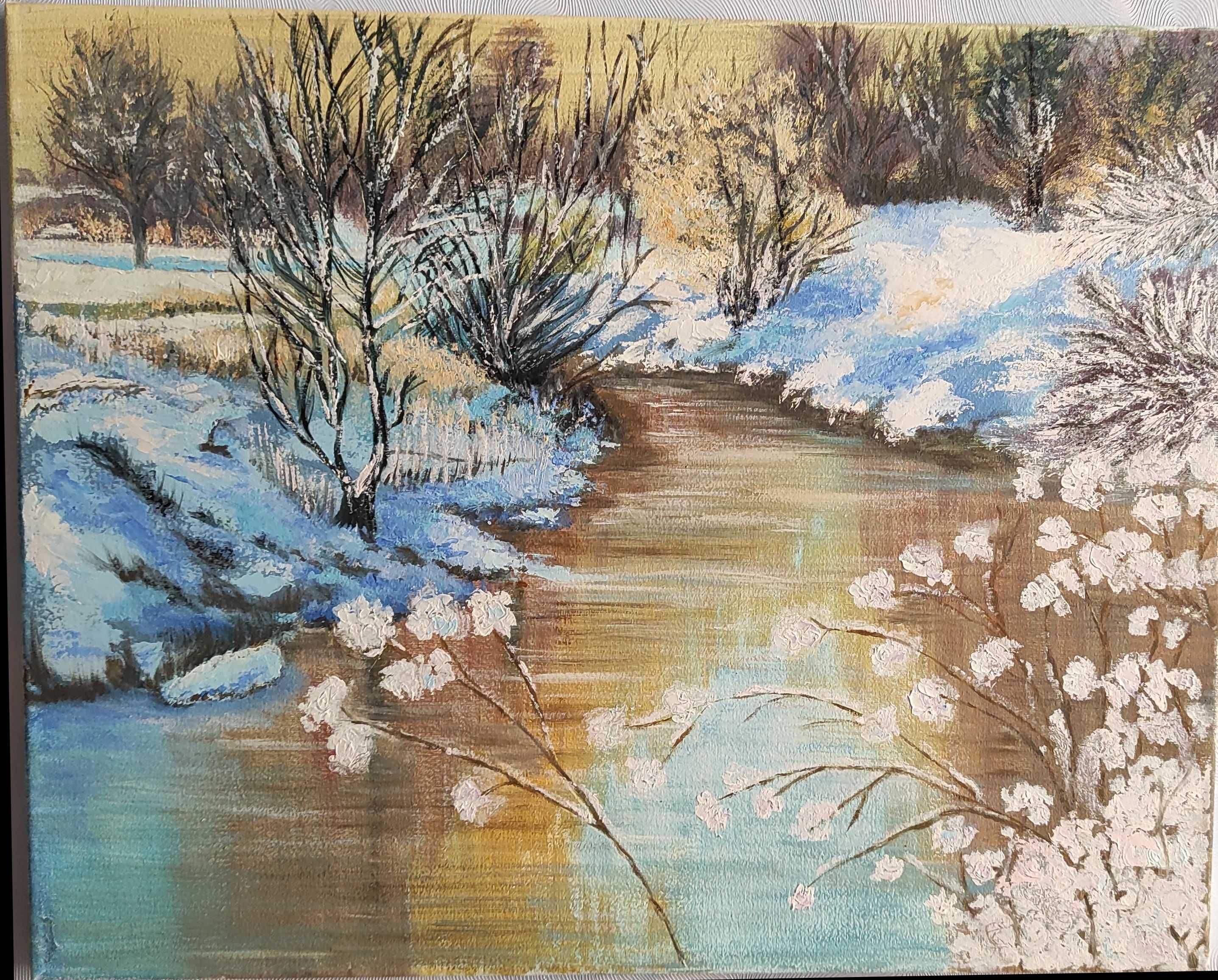 Картина маслом холст Река Зима Утро Снег Природа Пейзаж Интерьер