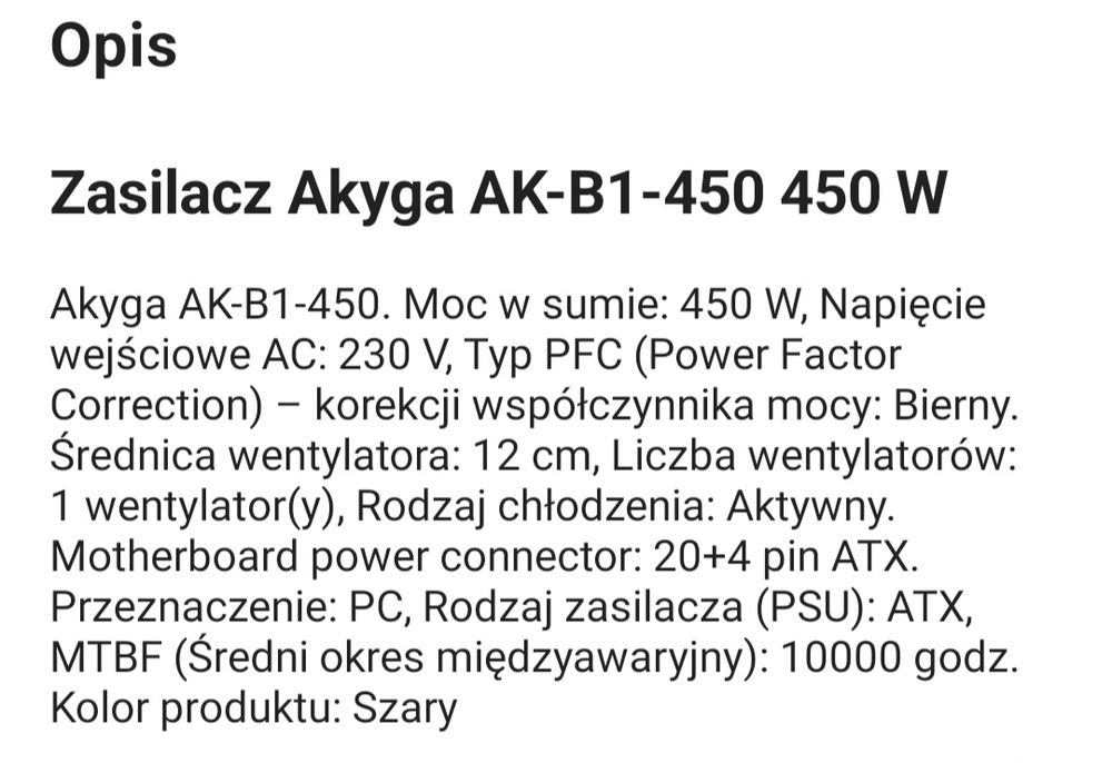 Sprzedam zasilacz ATX 450W Akyga Basic AK-B1-450