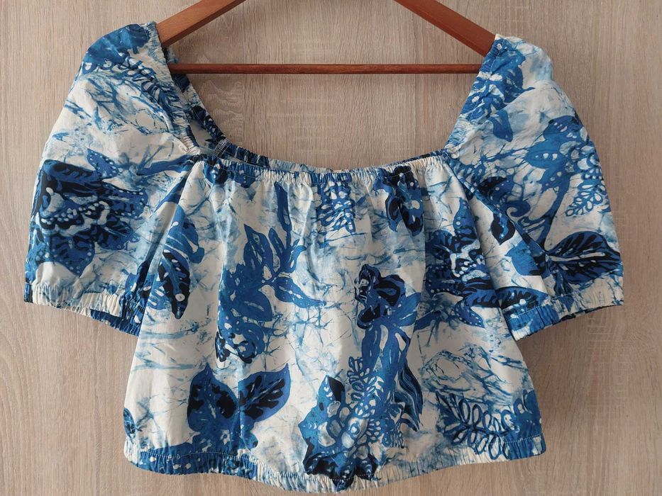 Śliczna bluzka karo kwadratowy dekolt bufki crop top H&M top niebieski