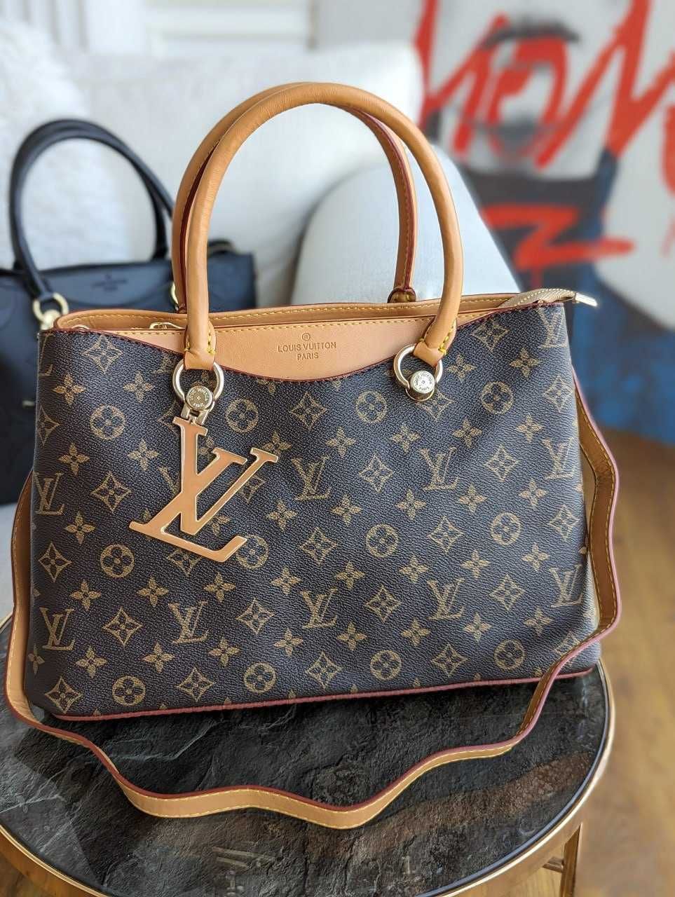 Женская большая сумка Louis Vuitton черная , коричневая Луи Виттон