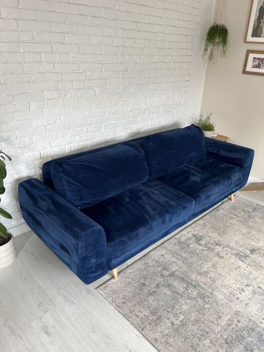 Kanapa sofa rozkladana welurowa niebieska granatowa