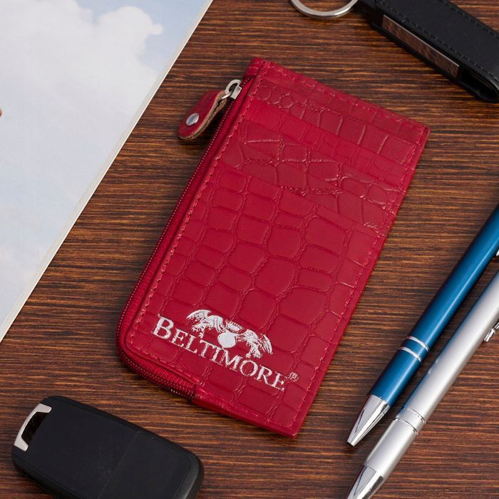Etui na dokumenty karty czerwone skórzane skóra croco portfel slim