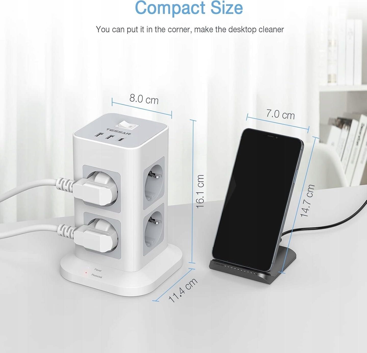 Listwa stojąca KOMPAKTOWA Tessan 8xAC 2xUSB-A 1x USB-C 3600W 2M