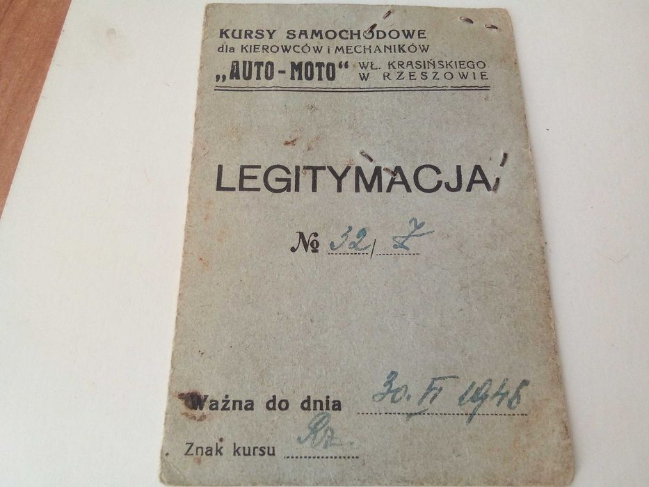 Stara legitymacja ,kursy samochodowe dla mechaników  Rzeszów z 1946 r.