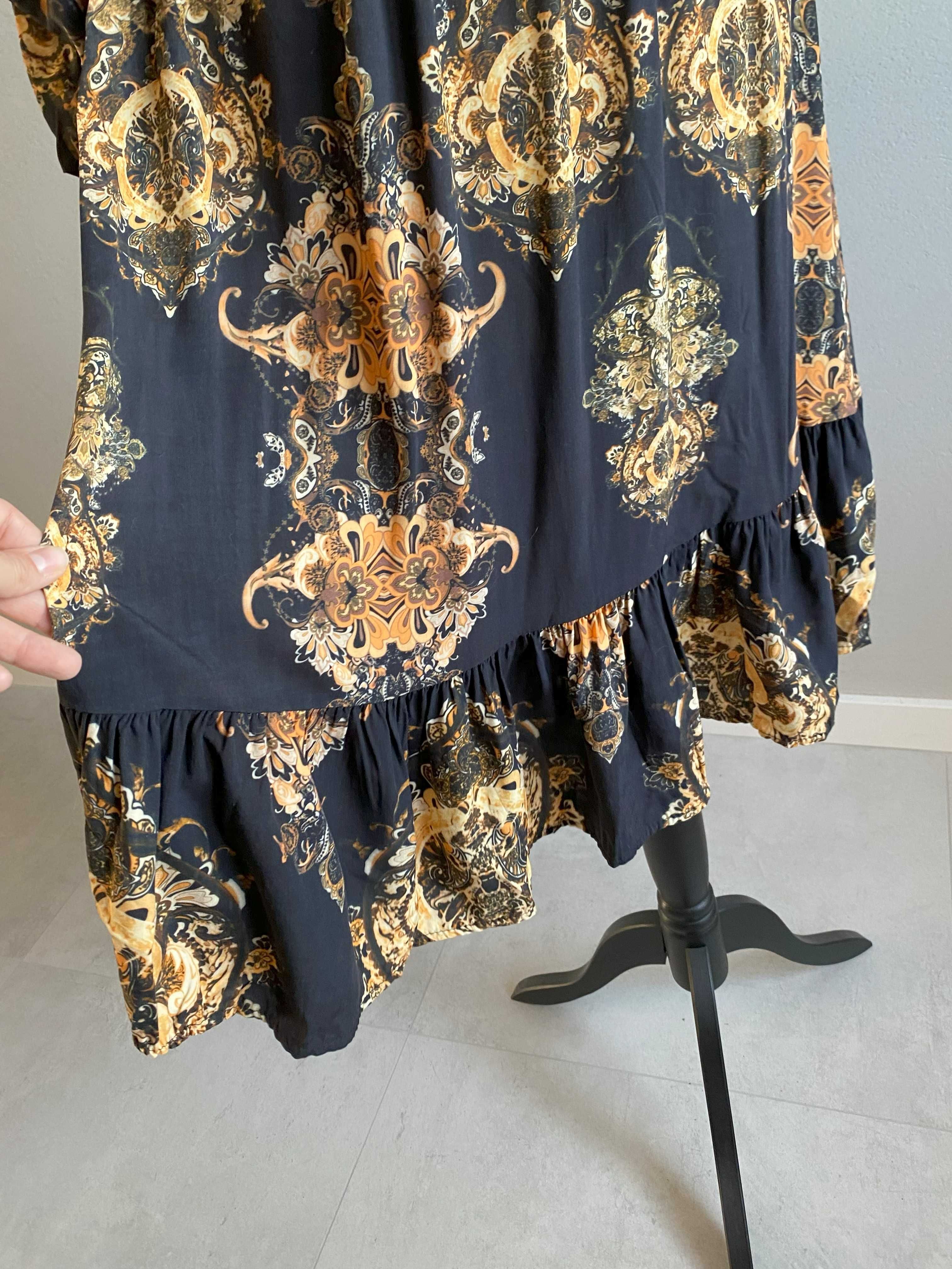 Letnia sukienka midi boho 100% wiskoza wzory rękaw 3/4
