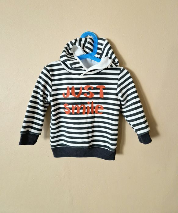 Bluza w Czarne i Białe Paski / Napis JUST smile / Z Kapturem  86